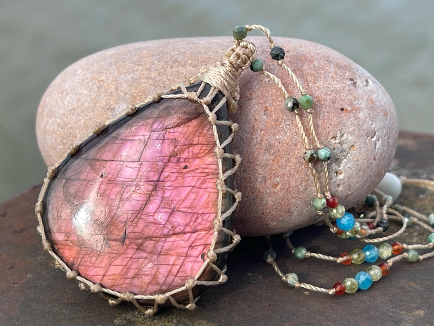 Stunning pink labradorite necklace, ethical jewellery, boho necklace, boho jewellery, labradorite pendant, gemstone necklace. Boho jewellery