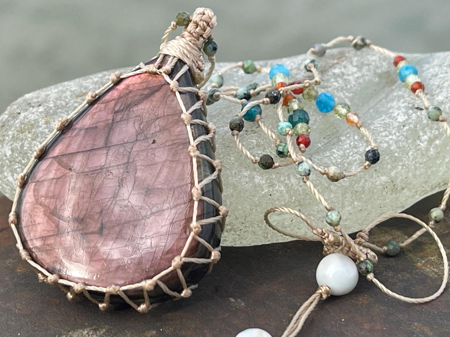 Stunning pink labradorite necklace, ethical jewellery, boho necklace, boho jewellery, labradorite pendant, gemstone necklace. Boho jewellery