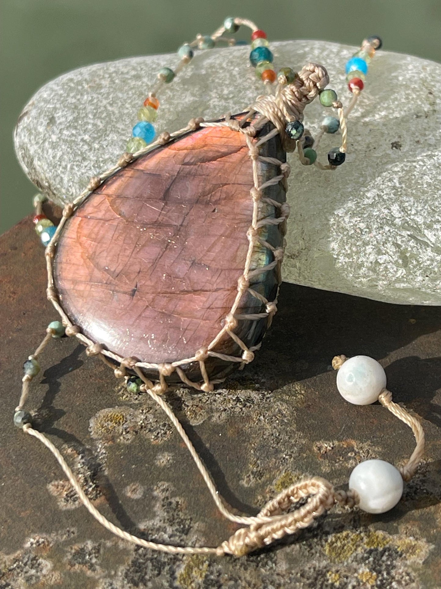 Stunning pink labradorite necklace, ethical jewellery, boho necklace, boho jewellery, labradorite pendant, gemstone necklace. Boho jewellery