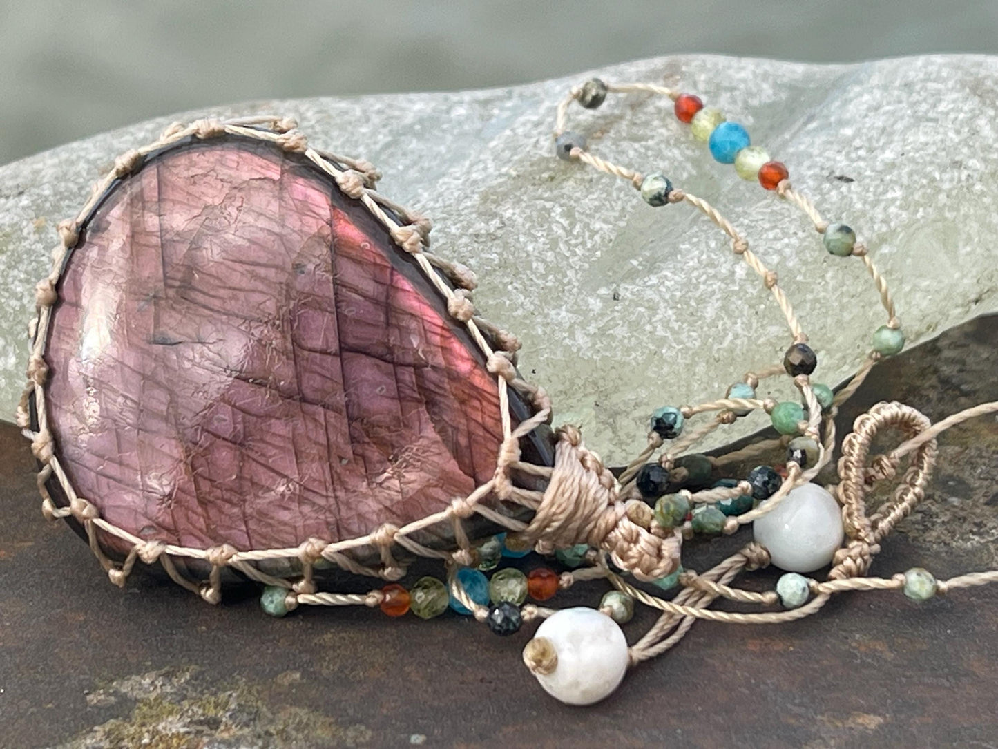 Stunning pink labradorite necklace, ethical jewellery, boho necklace, boho jewellery, labradorite pendant, gemstone necklace. Boho jewellery