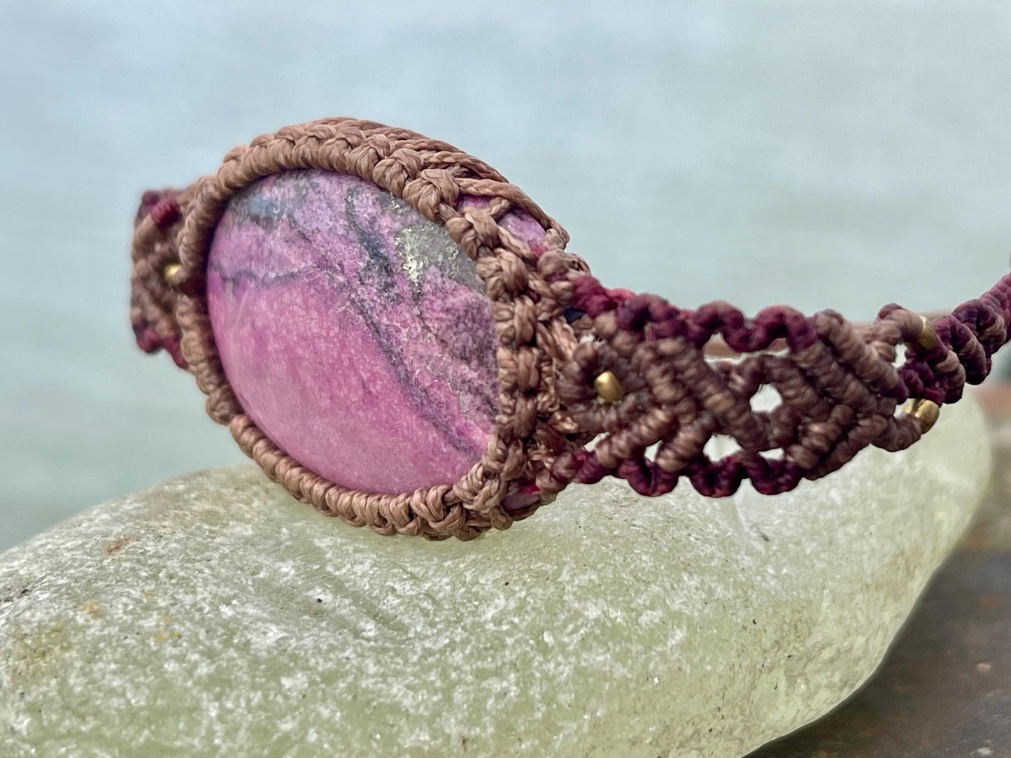 Stunning Cobaltoan Calcite bracelet, ethical jewellery, unusual jewellery, rhodochrosite jewellery. Pink macrame bracelet. Boho jewellery.