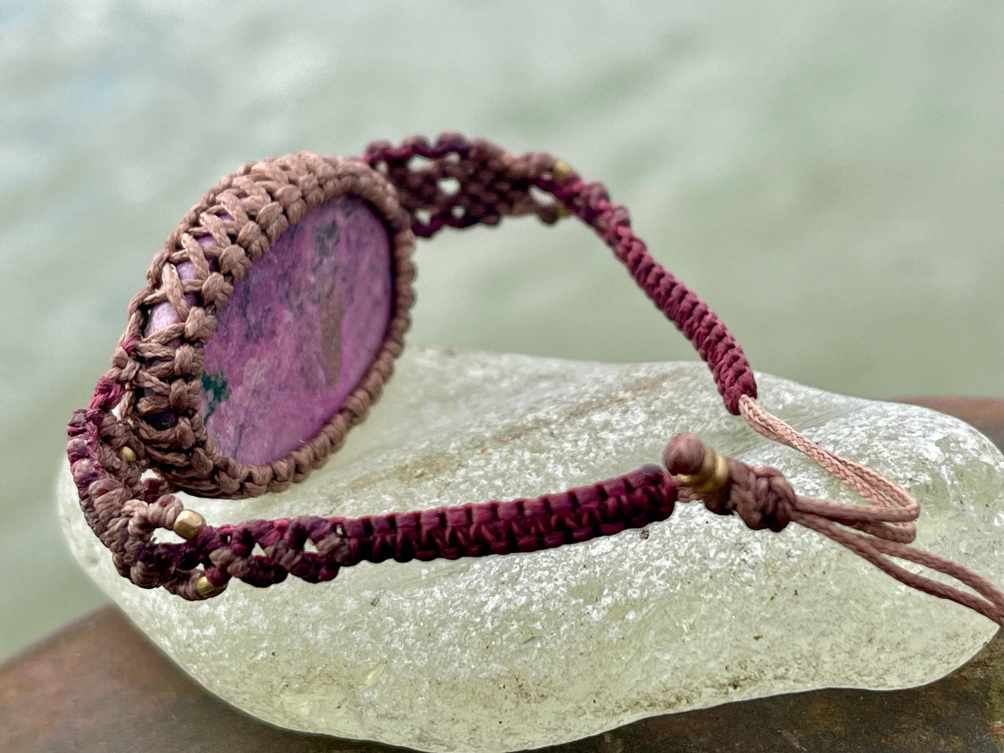 Stunning Cobaltoan Calcite bracelet, ethical jewellery, unusual jewellery, rhodochrosite jewellery. Pink macrame bracelet. Boho jewellery.