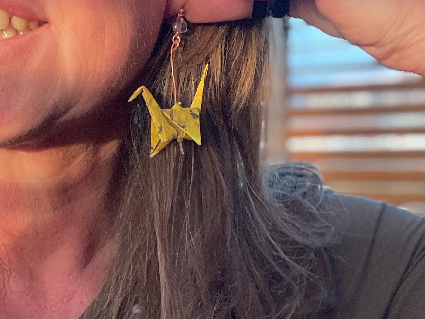 Bird origami earrings on recycled metals. Eco friendly jewellery. Bird earrings. Handmade bird jewellery. Yellow birds. Ethical jewellery.