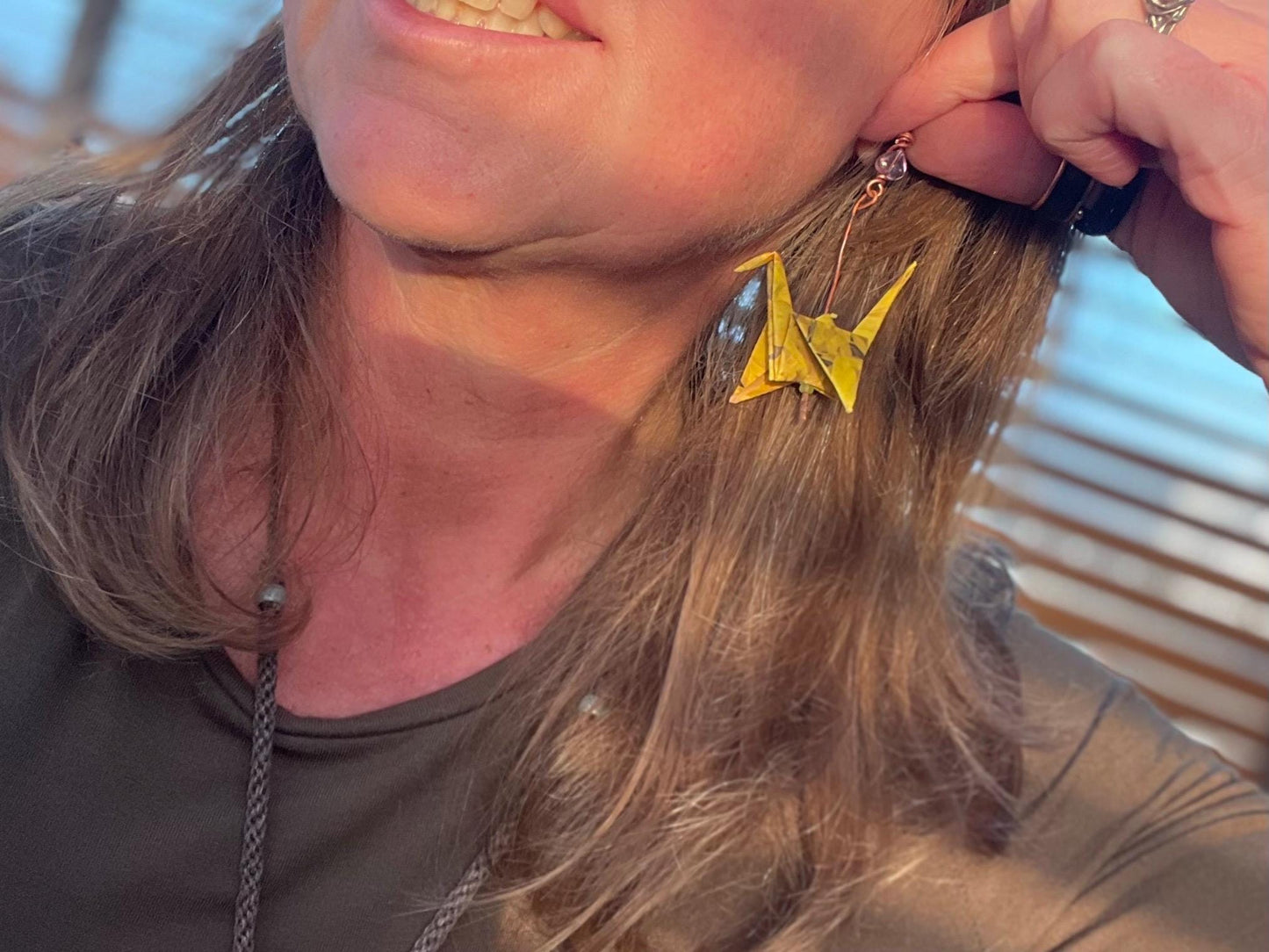 Bird origami earrings on recycled metals. Eco friendly jewellery. Bird earrings. Handmade bird jewellery. Yellow birds. Ethical jewellery.