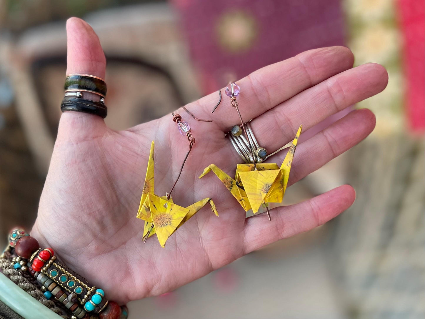 Bird origami earrings on recycled metals. Eco friendly jewellery. Bird earrings. Handmade bird jewellery. Yellow birds. Ethical jewellery.