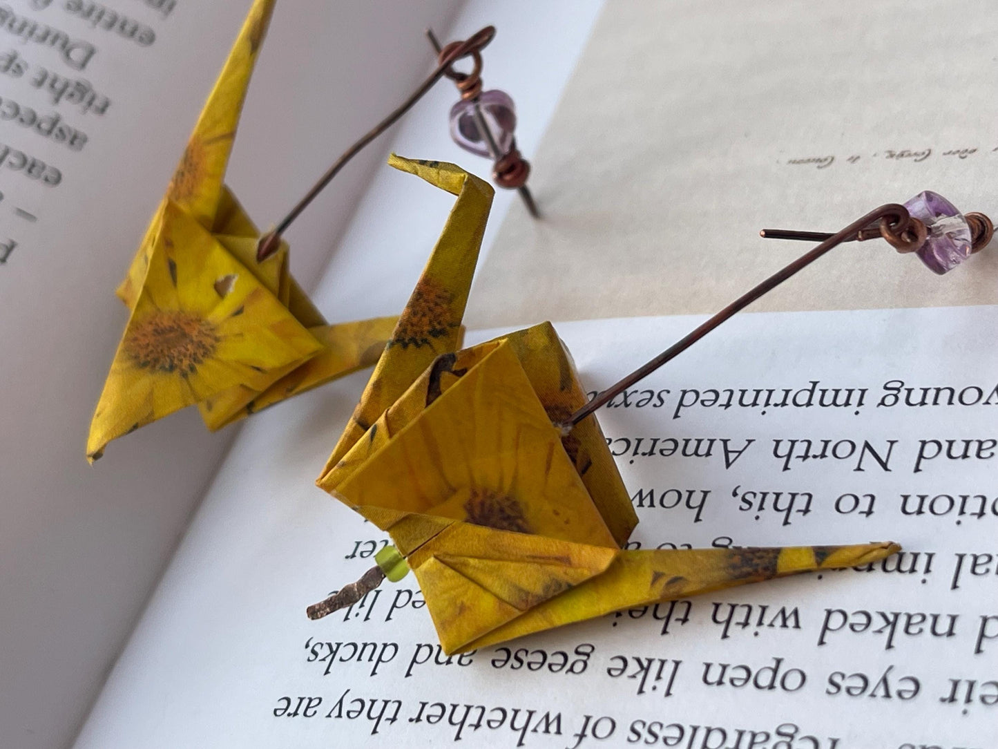 Bird origami earrings on recycled metals. Eco friendly jewellery. Bird earrings. Handmade bird jewellery. Yellow birds. Ethical jewellery.