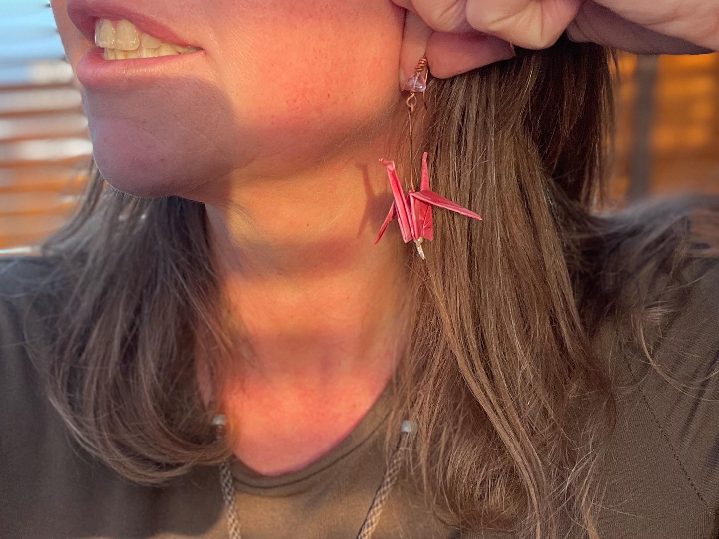 Bird origami earrings on recycled metals. Eco friendly jewellery. Bird earrings. Handmade bird jewellery. Pink birds. Ethical jewellery.