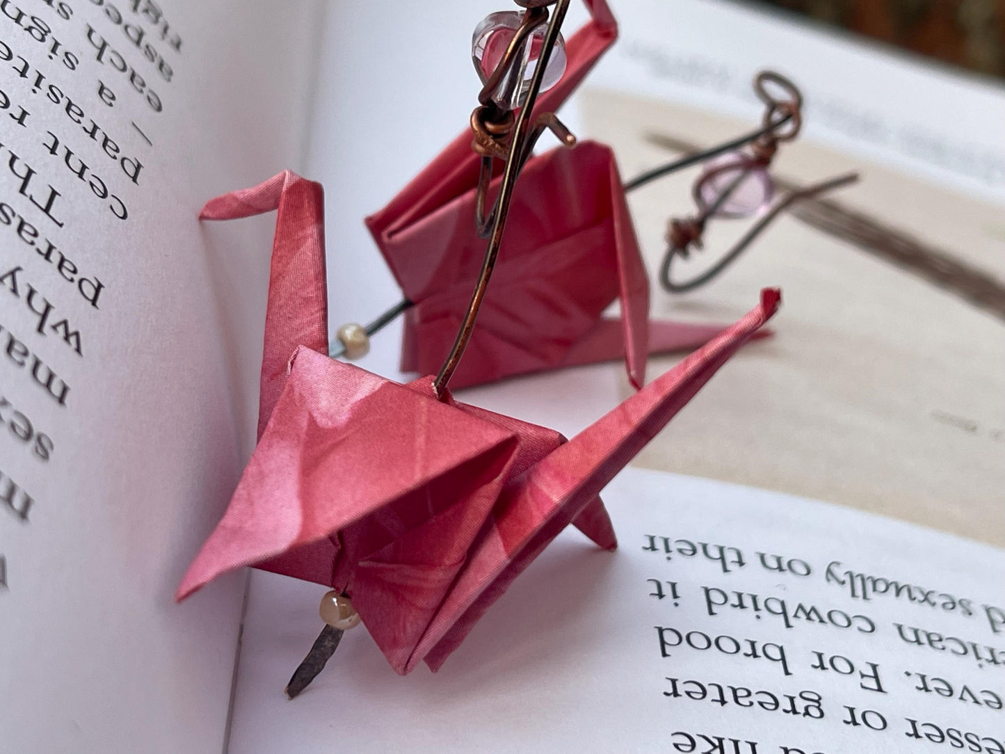 Bird origami earrings on recycled metals. Eco friendly jewellery. Bird earrings. Handmade bird jewellery. Pink birds. Ethical jewellery.