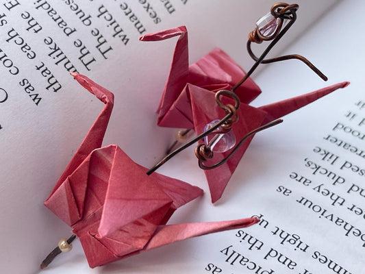 Bird origami earrings on recycled metals. Eco friendly jewellery. Bird earrings. Handmade bird jewellery. Pink birds. Ethical jewellery.