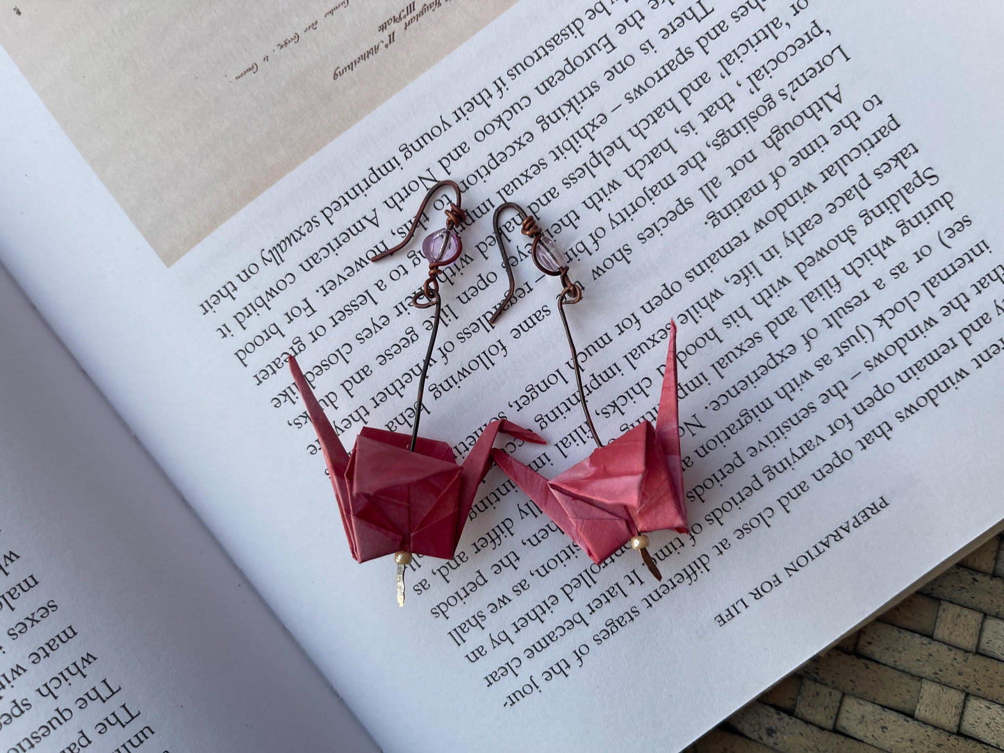Bird origami earrings on recycled metals. Eco friendly jewellery. Bird earrings. Handmade bird jewellery. Pink birds. Ethical jewellery.
