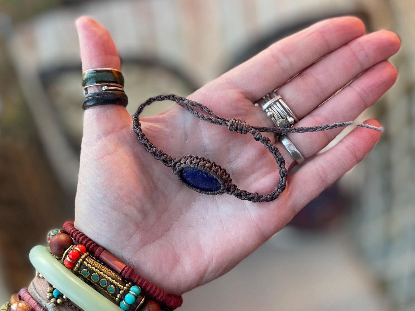 Stunning macrame wrapped lapis bracelet, ethical jewellery, unusual jewellery, macrame jewellery. Blue macrame bracelet. Boho jewellery.