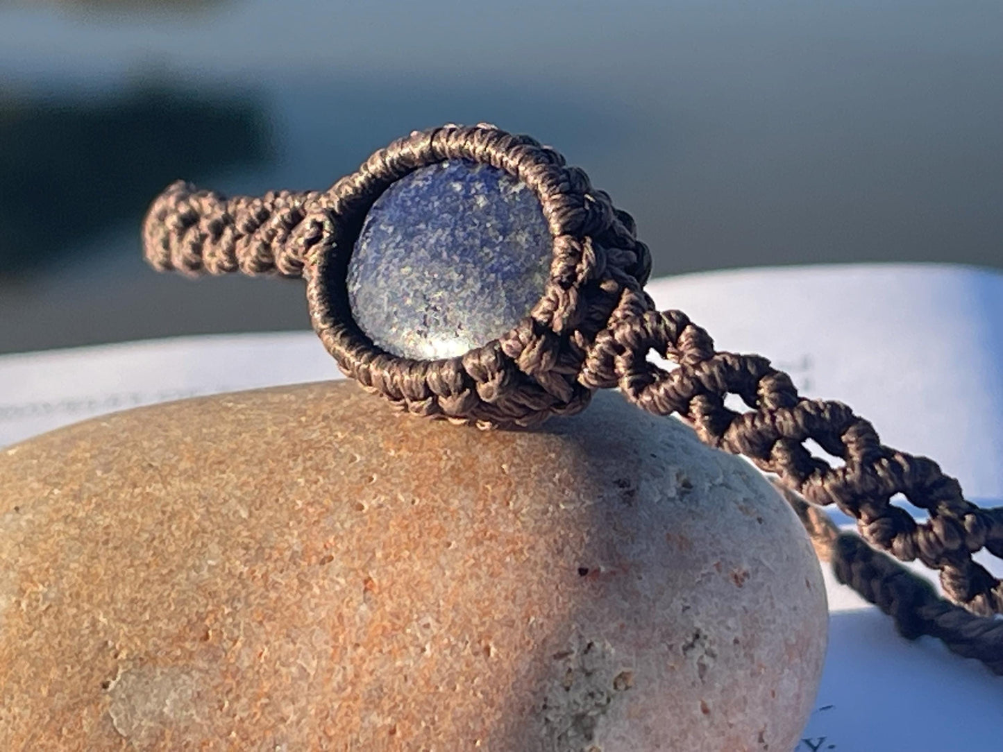 Stunning macrame wrapped lapis bracelet, ethical jewellery, unusual jewellery, macrame jewellery. Blue macrame bracelet. Boho jewellery.