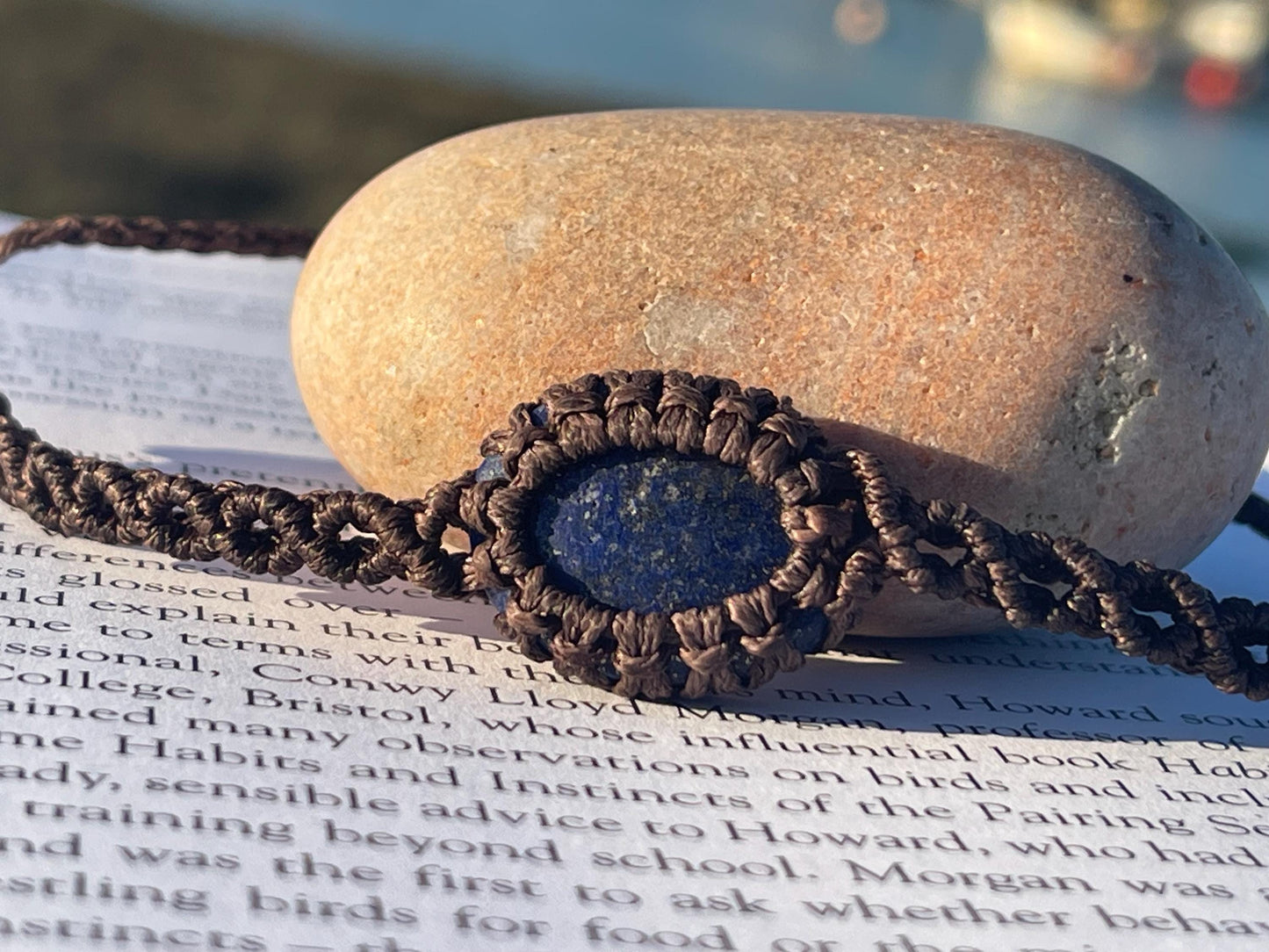 Stunning macrame wrapped lapis bracelet, ethical jewellery, unusual jewellery, macrame jewellery. Blue macrame bracelet. Boho jewellery.