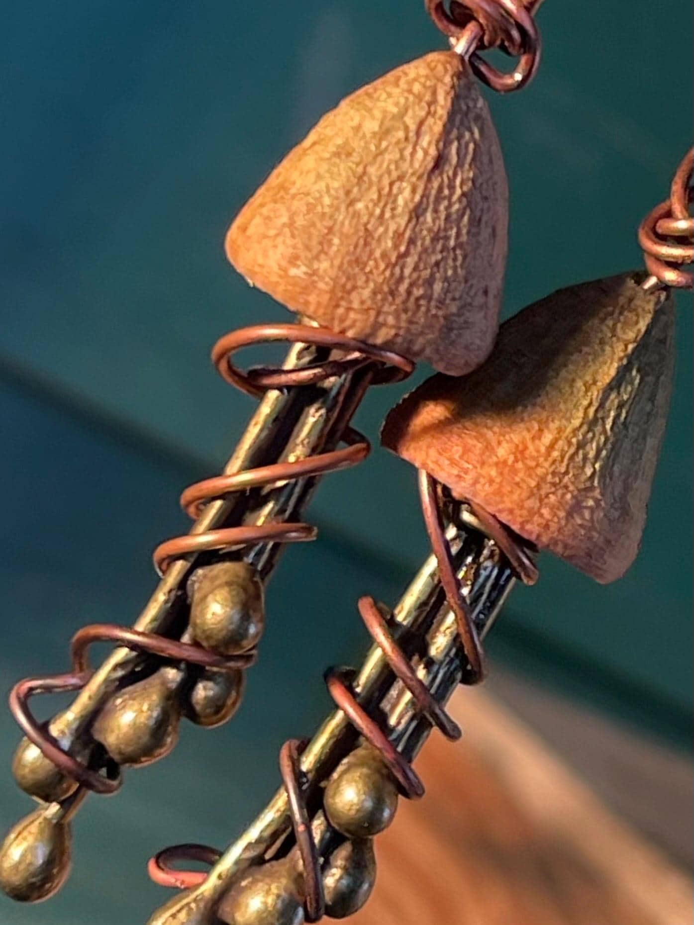 Jellyfish earrings made from recycled copper and eucalyptus seeds. Unique jellyfish jewellery. Handmade earrings. Eco friendly jewellery.