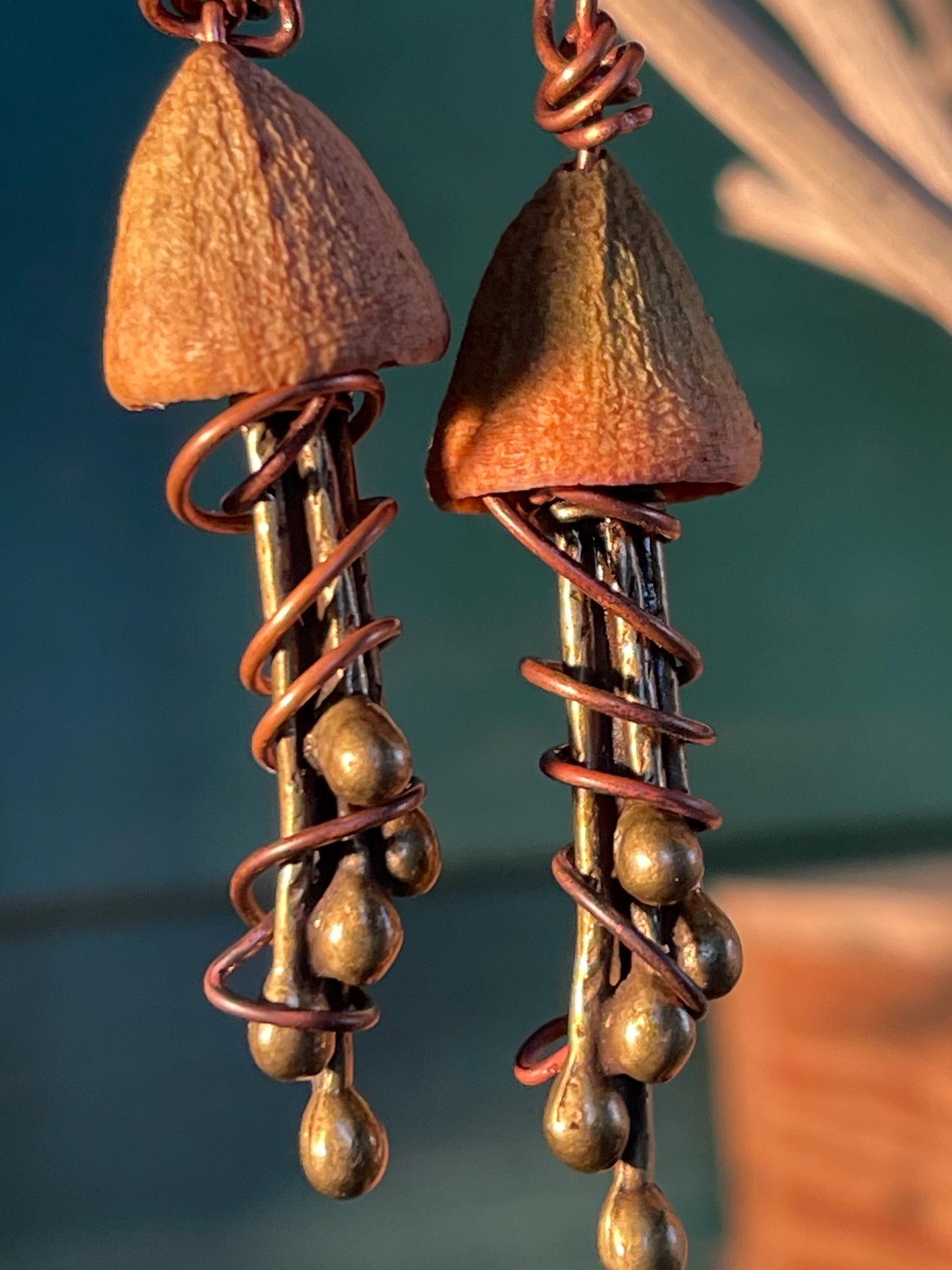 Jellyfish earrings made from recycled copper and eucalyptus seeds. Unique jellyfish jewellery. Handmade earrings. Eco friendly jewellery.