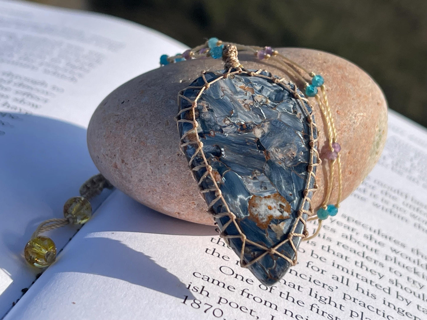 Stunning pietersite gemstone necklace, citrine pendant. Handmade gemstone necklace, boho jewellery. Macrame jewellery. Unique necklace.