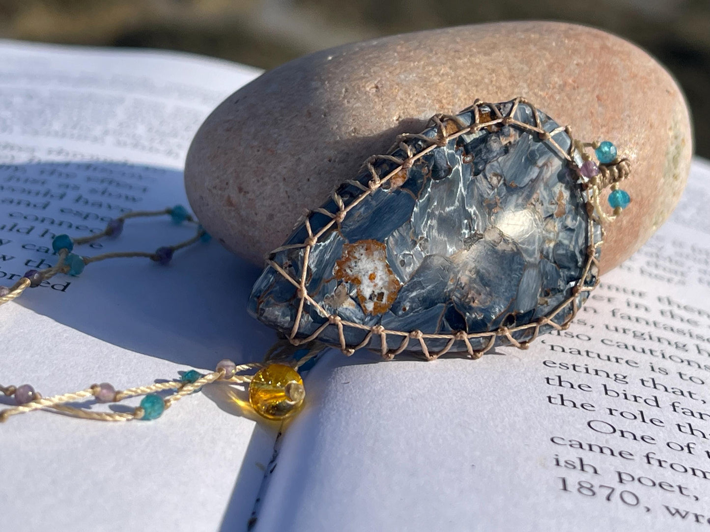 Stunning pietersite gemstone necklace, citrine pendant. Handmade gemstone necklace, boho jewellery. Macrame jewellery. Unique necklace.