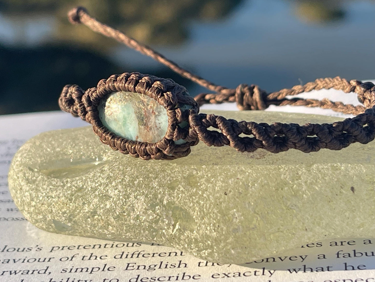 Stunning macrame wrapped Larimar bracelet, ethical jewellery, unusual jewellery, macrame jewellery. Gemstone macrame bracelet. Boho bangle