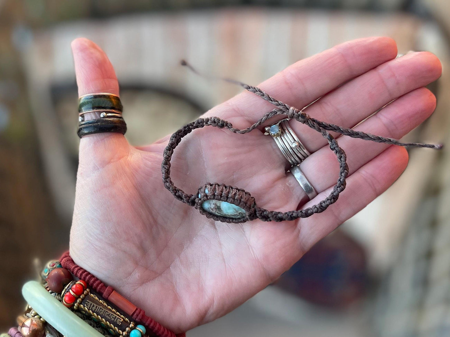 Stunning macrame wrapped Larimar bracelet, ethical jewellery, unusual jewellery, macrame jewellery. Gemstone macrame bracelet. Boho bangle