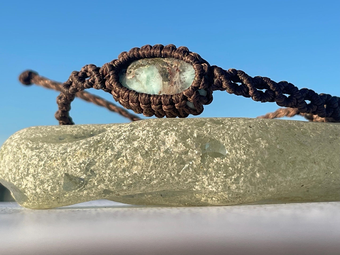 Stunning macrame wrapped Larimar bracelet, ethical jewellery, unusual jewellery, macrame jewellery. Gemstone macrame bracelet. Boho bangle