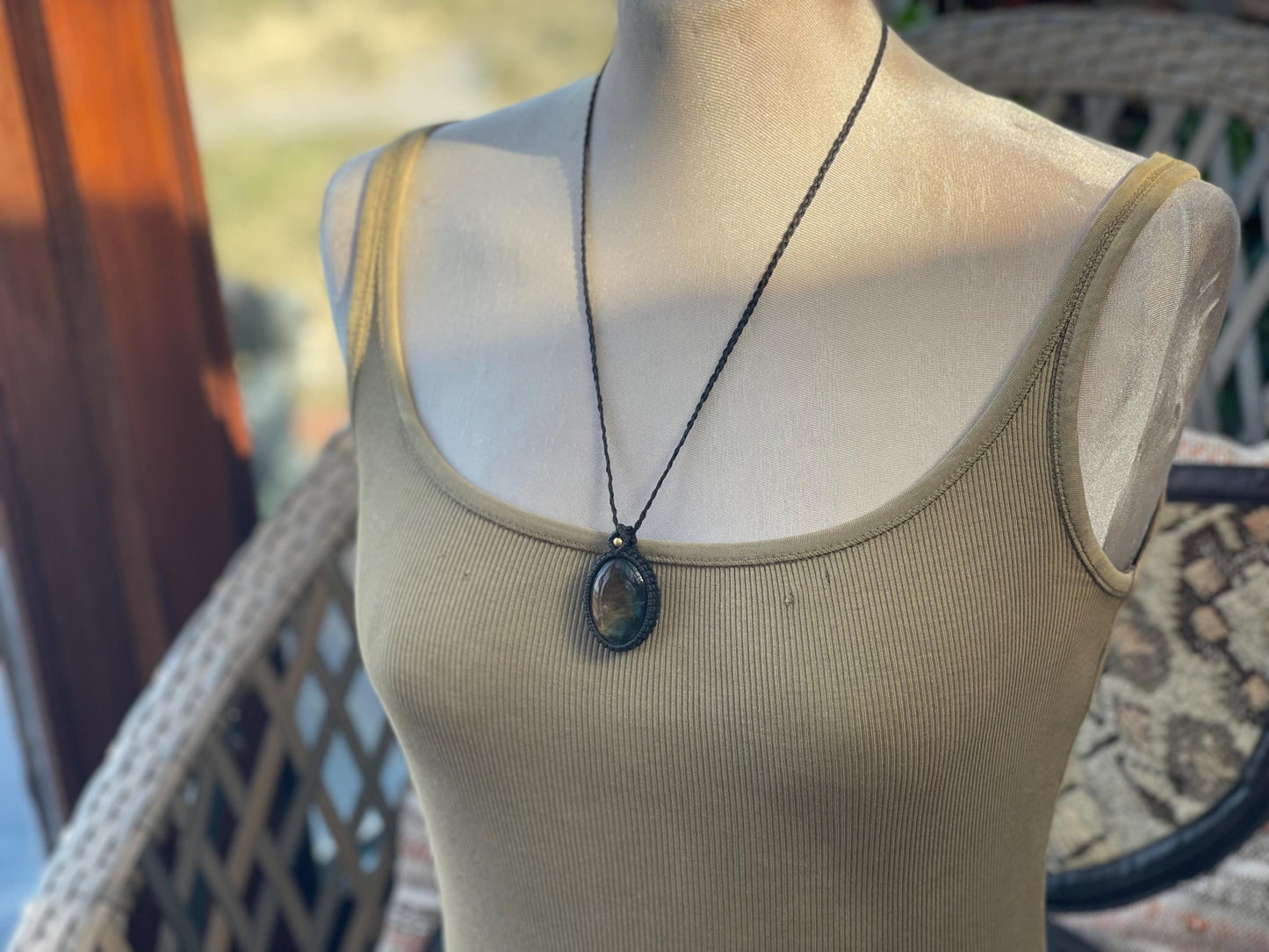 Stunning macrame labradorite necklace on an adjustable cord. Handmade gemstone necklace, boho jewellery. Macrame jewellery. Unique necklace.