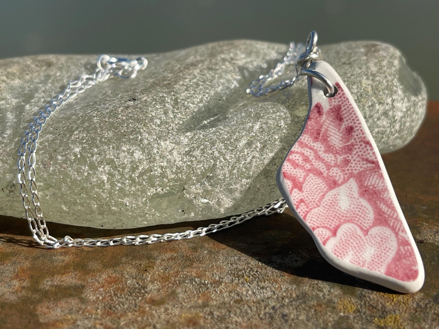 Eco friendly sea ceramic necklace on a sterling silver chain. Eco friendly jewellery, ethical jewellery. Eco friendly necklace.