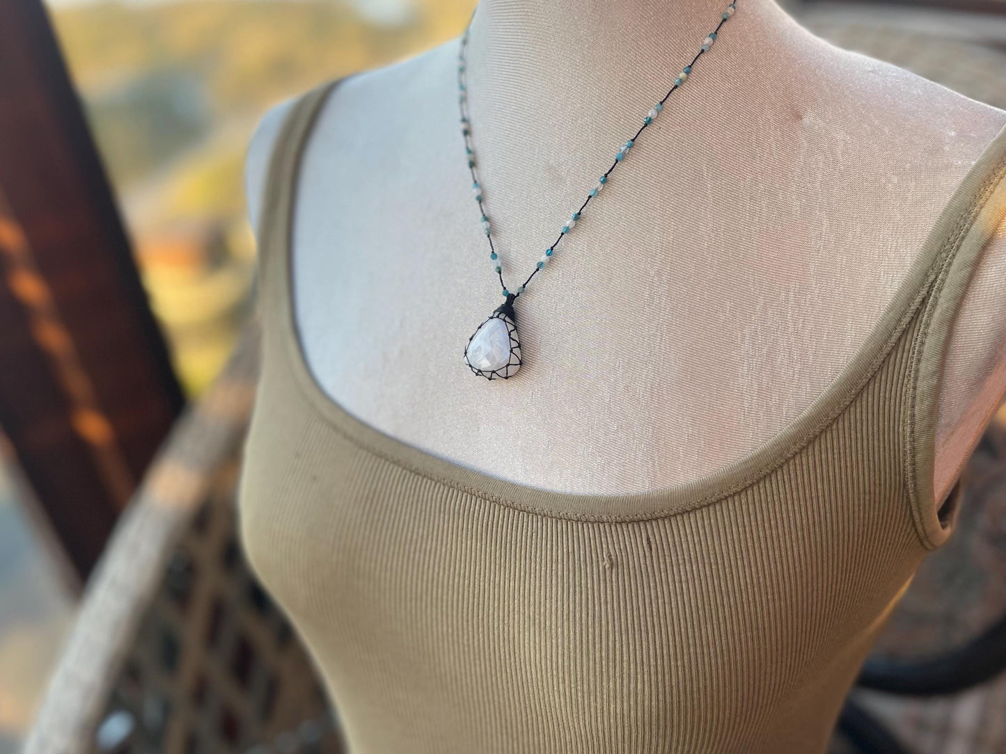 Stunning macrame moonstone necklace on an adjustable cord. Handmade gemstone necklace, boho jewellery. Macrame jewellery. Unique necklace.