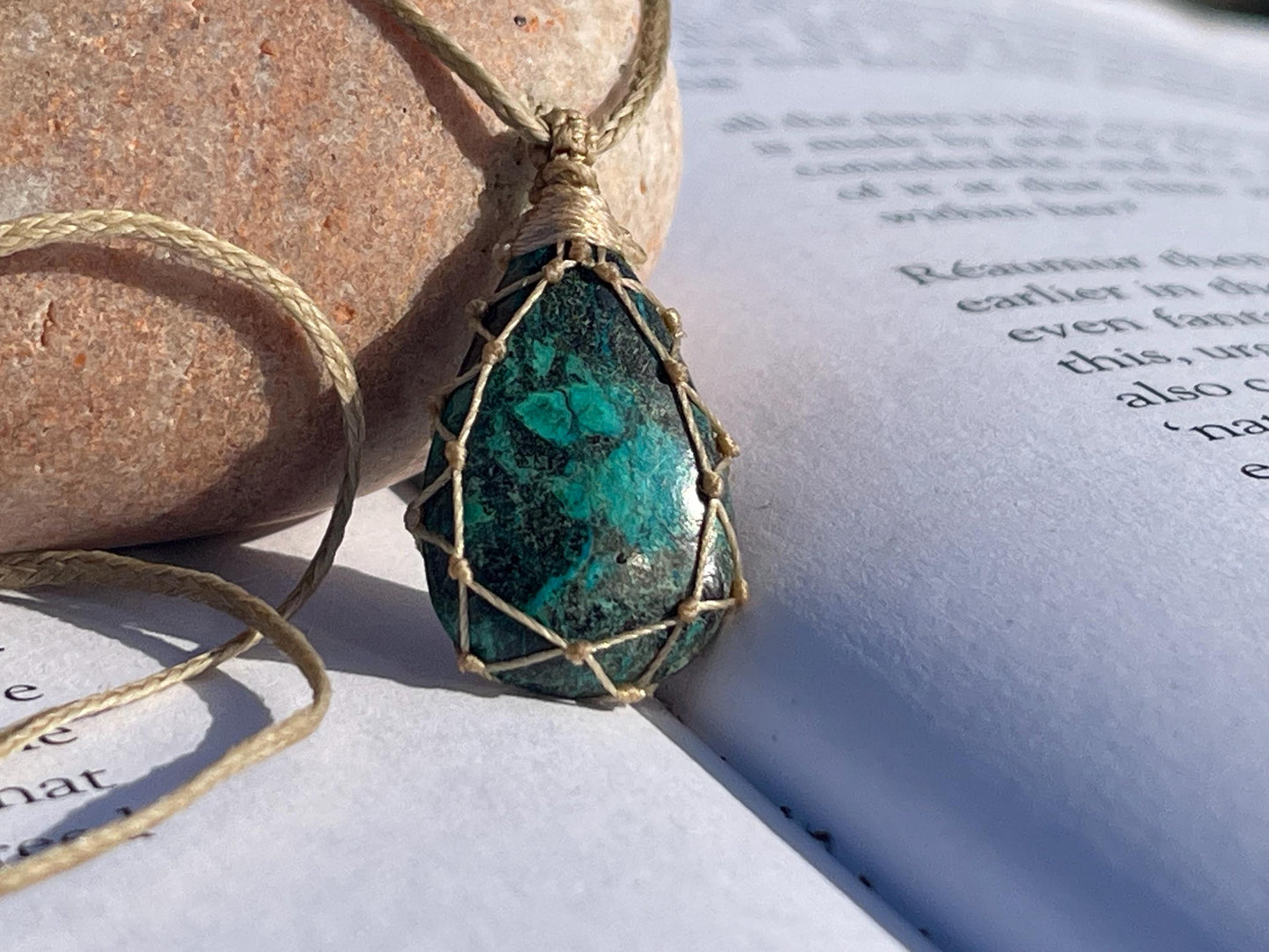 Stunning macrame Chrysocolla necklace on an adjustable cord. Handmade gemstone necklace, boho jewellery. Macrame jewellery. Unique necklace.