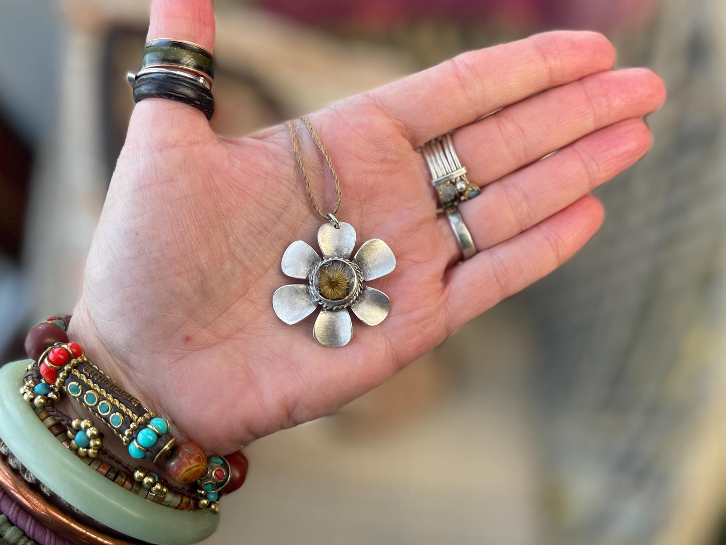 Flower necklace, ethical jewellery, daisy necklace, handmade necklace boho jewellery,  gift for her, flower pendant, gift for gardener