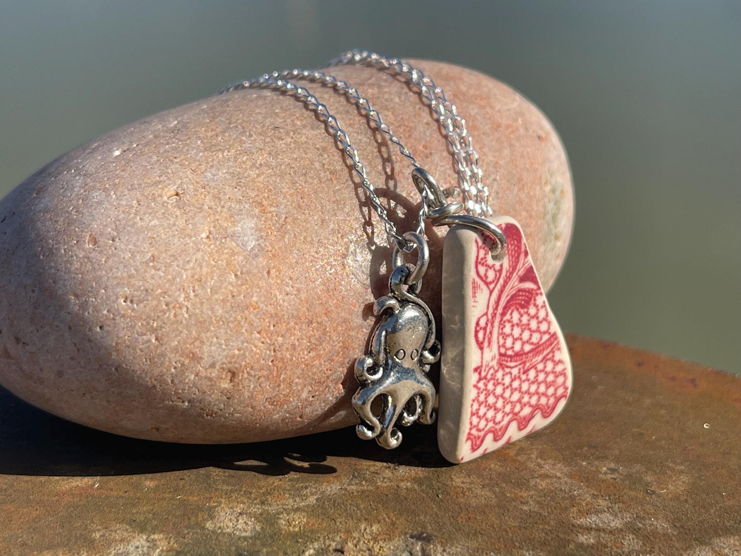 Eco friendly sea ceramic necklace on a sterling silver chain. Eco friendly jewellery, ethical jewellery. Eco friendly necklace.