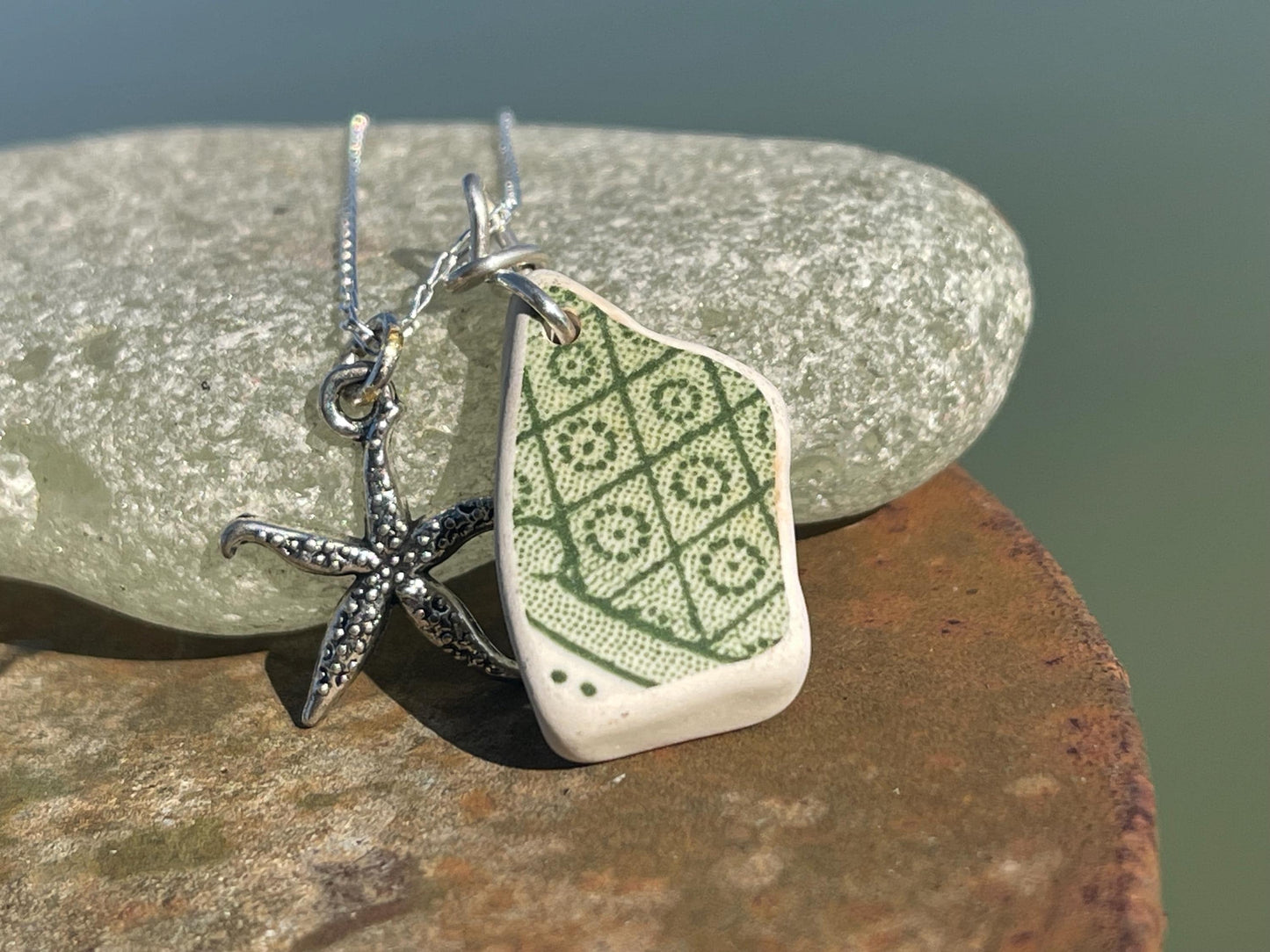 Eco friendly sea ceramic necklace on a sterling silver chain. Eco friendly jewellery, ethical jewellery. Eco friendly necklace.