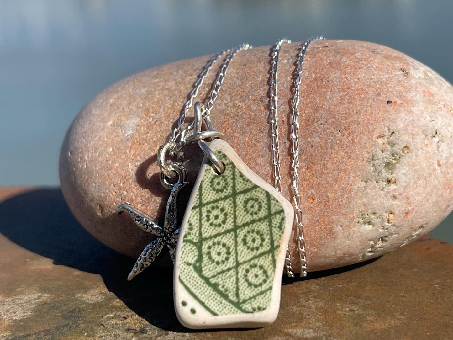Eco friendly sea ceramic necklace on a sterling silver chain. Eco friendly jewellery, ethical jewellery. Eco friendly necklace.