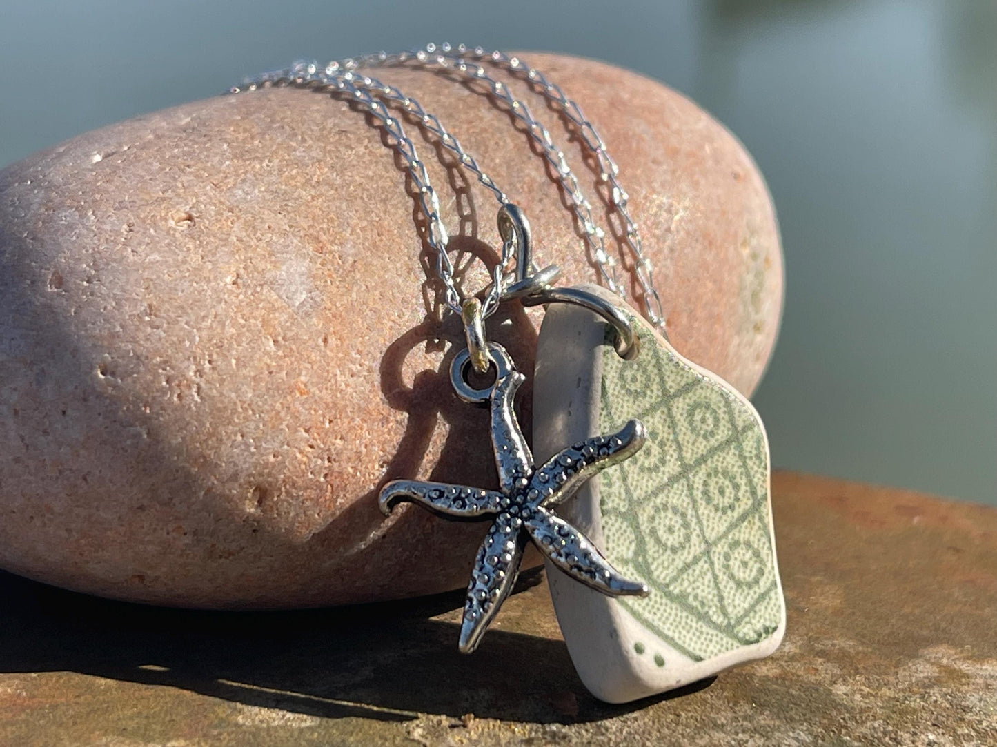 Eco friendly sea ceramic necklace on a sterling silver chain. Eco friendly jewellery, ethical jewellery. Eco friendly necklace.