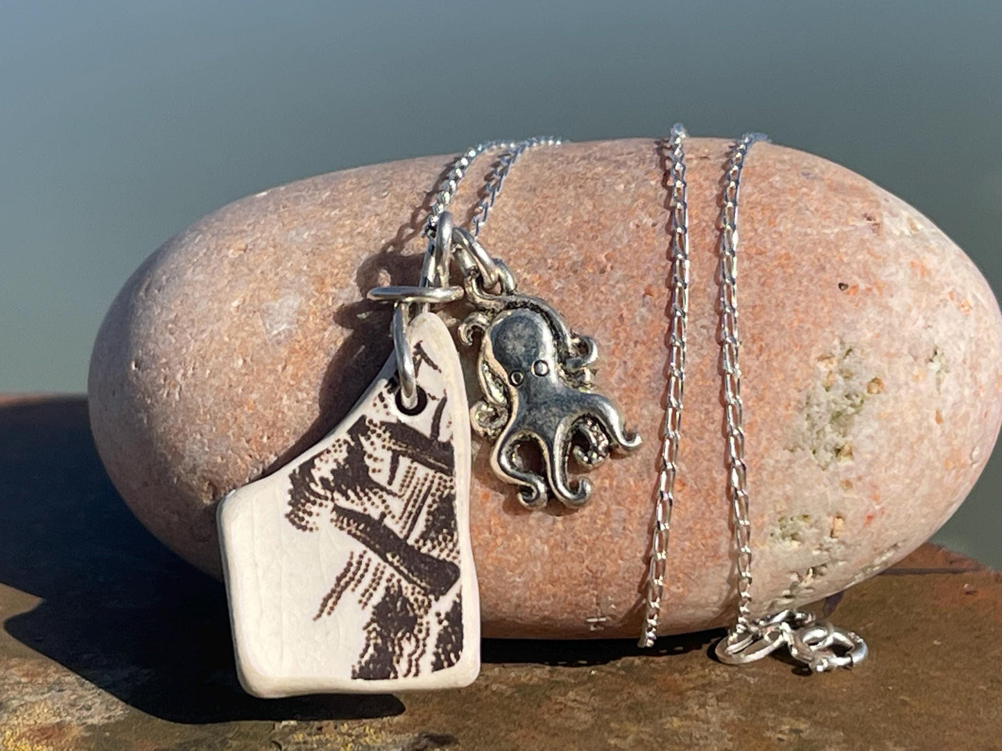 Eco friendly sea ceramic necklace on a sterling silver chain. Eco friendly jewellery, ethical jewellery. Eco friendly necklace.