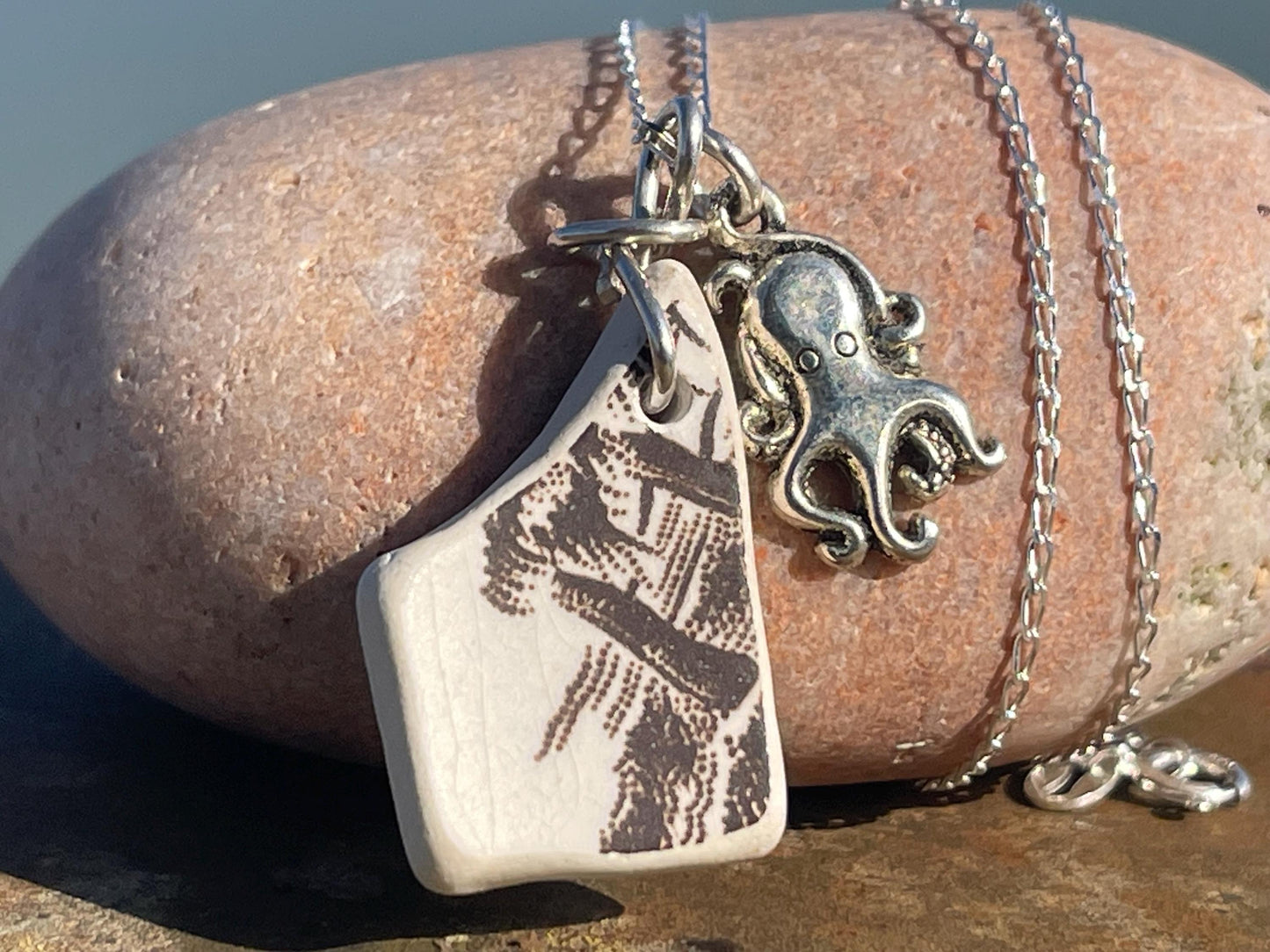 Eco friendly sea ceramic necklace on a sterling silver chain. Eco friendly jewellery, ethical jewellery. Eco friendly necklace.