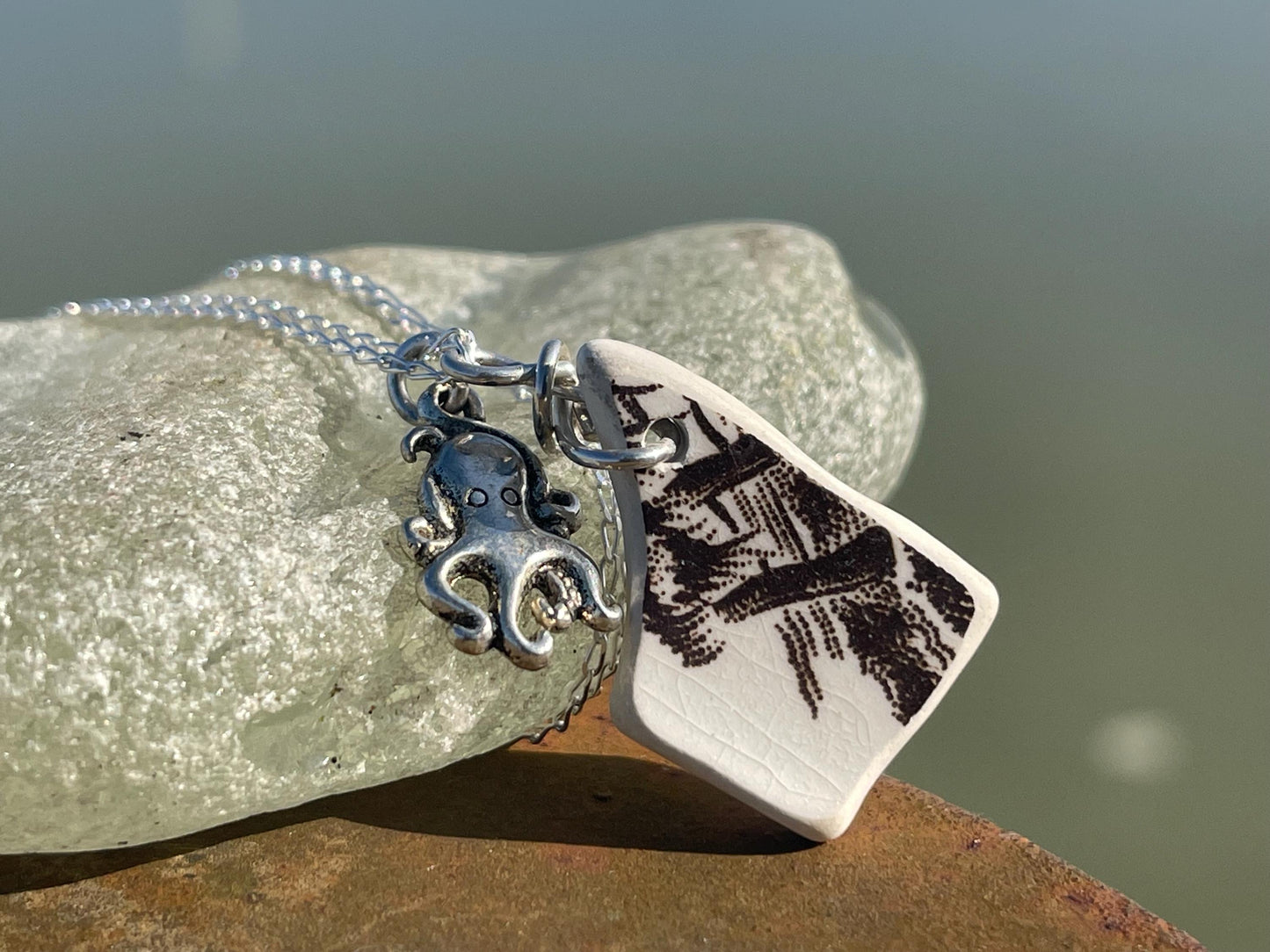 Eco friendly sea ceramic necklace on a sterling silver chain. Eco friendly jewellery, ethical jewellery. Eco friendly necklace.