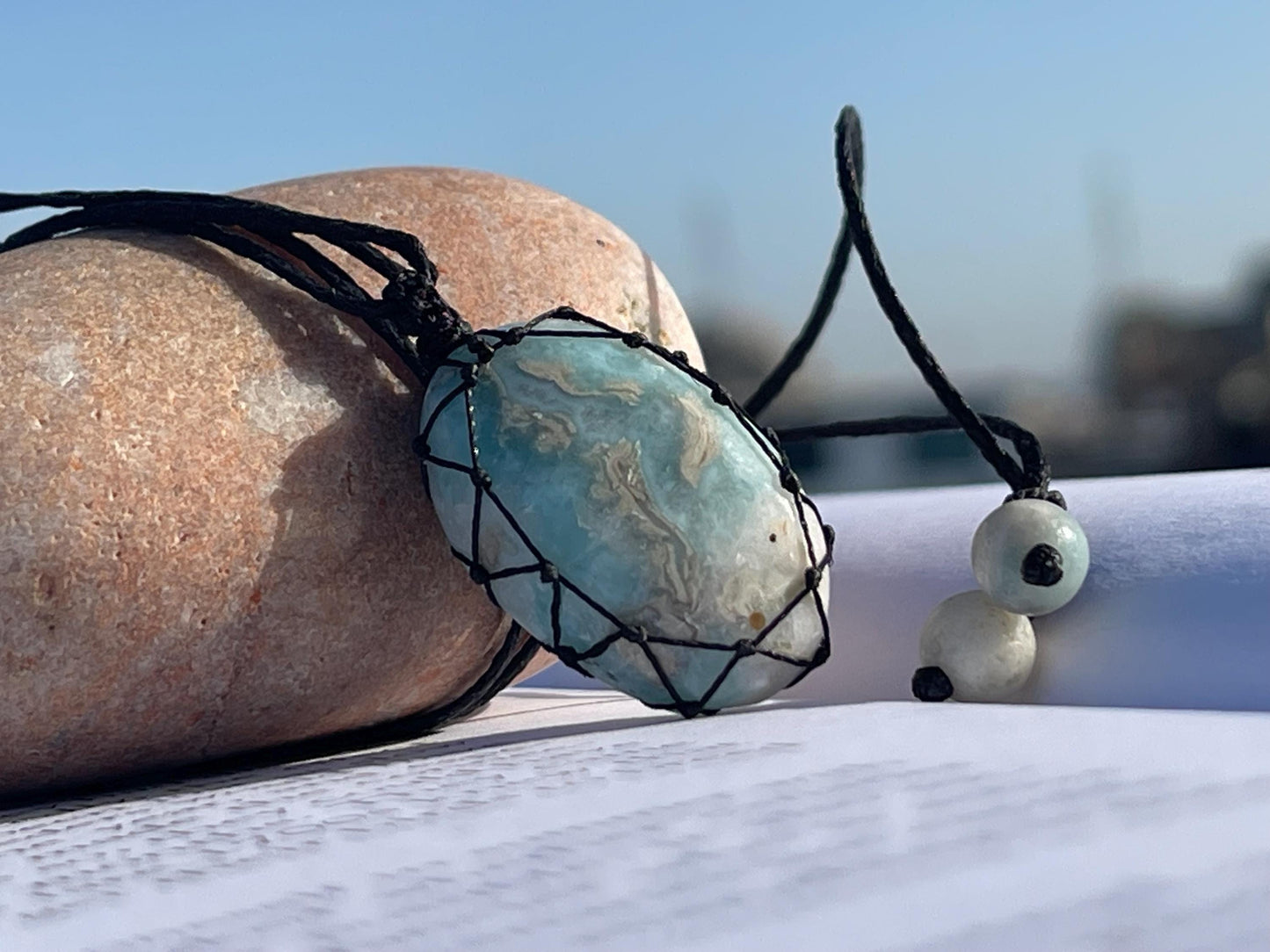 Stunning macrame Larimar necklace on an adjustable cord. Handmade gemstone necklace, boho jewellery. Macrame jewellery. Unique necklace.