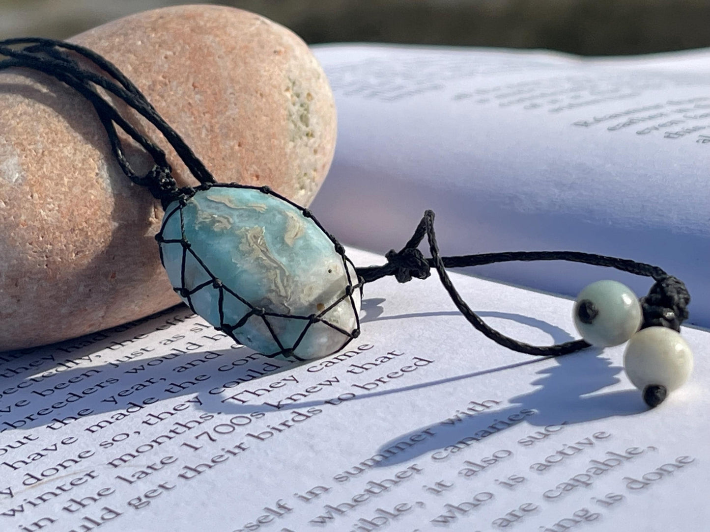 Stunning macrame Larimar necklace on an adjustable cord. Handmade gemstone necklace, boho jewellery. Macrame jewellery. Unique necklace.