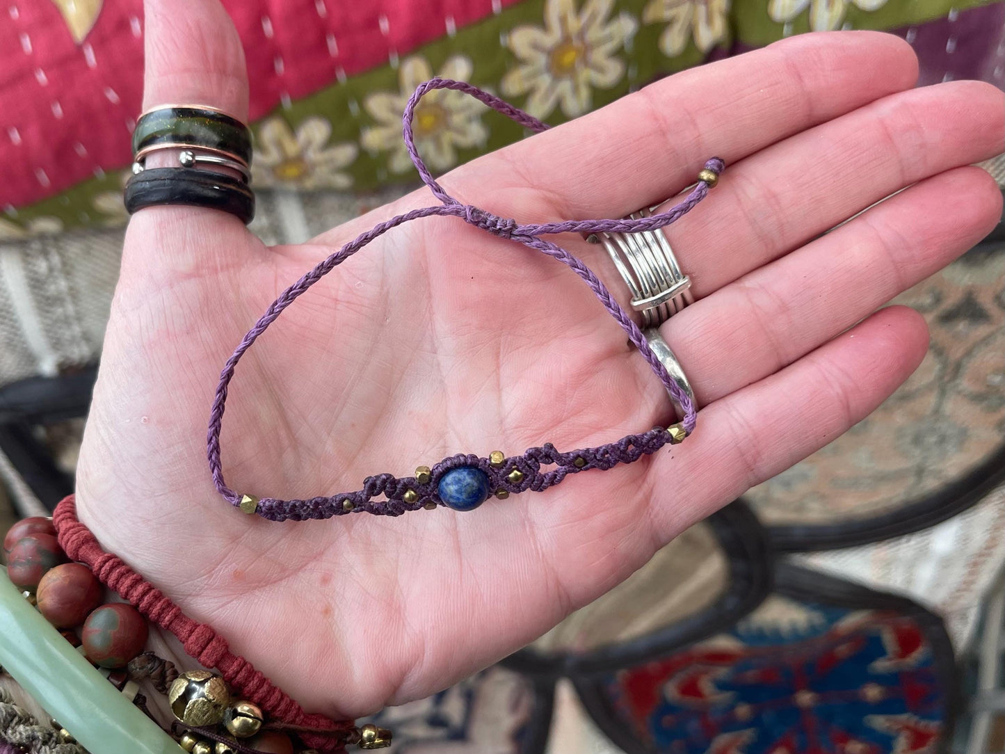 Stunning macrame wrapped lapis gemstone  bracelet, ethical jewellery, unusual jewellery, macrame jewellery. Orange macrame bracelet.