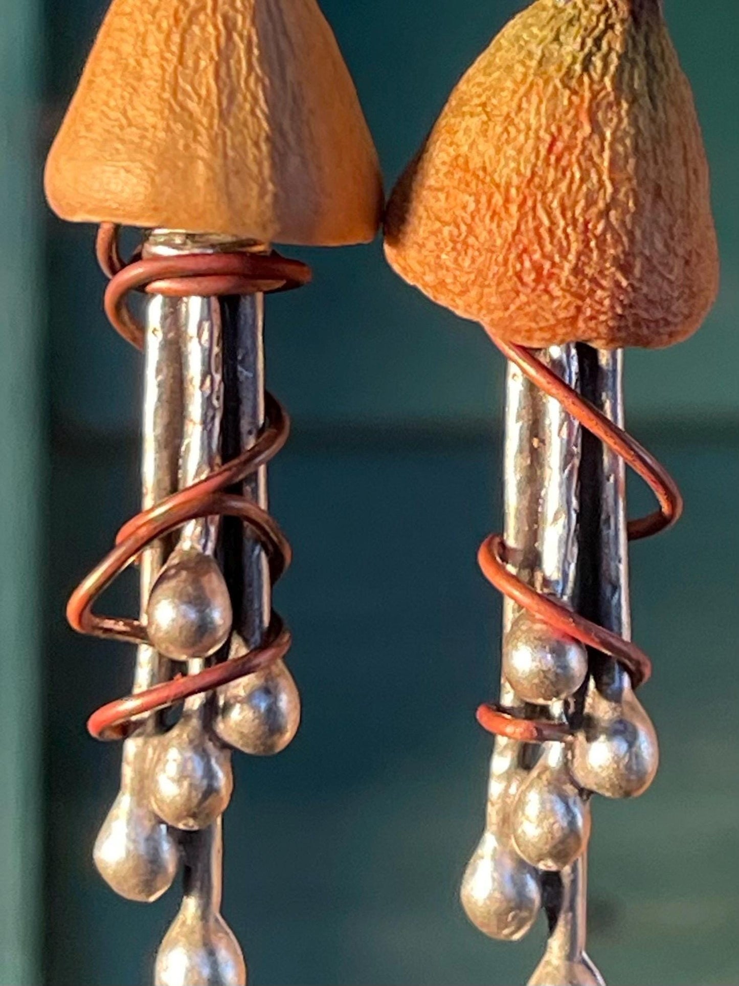 Jellyfish earrings made from recycled copper, brass & eucalyptus seeds. Jellyfish jewellery. Handmade earrings. Eco friendly jewellery