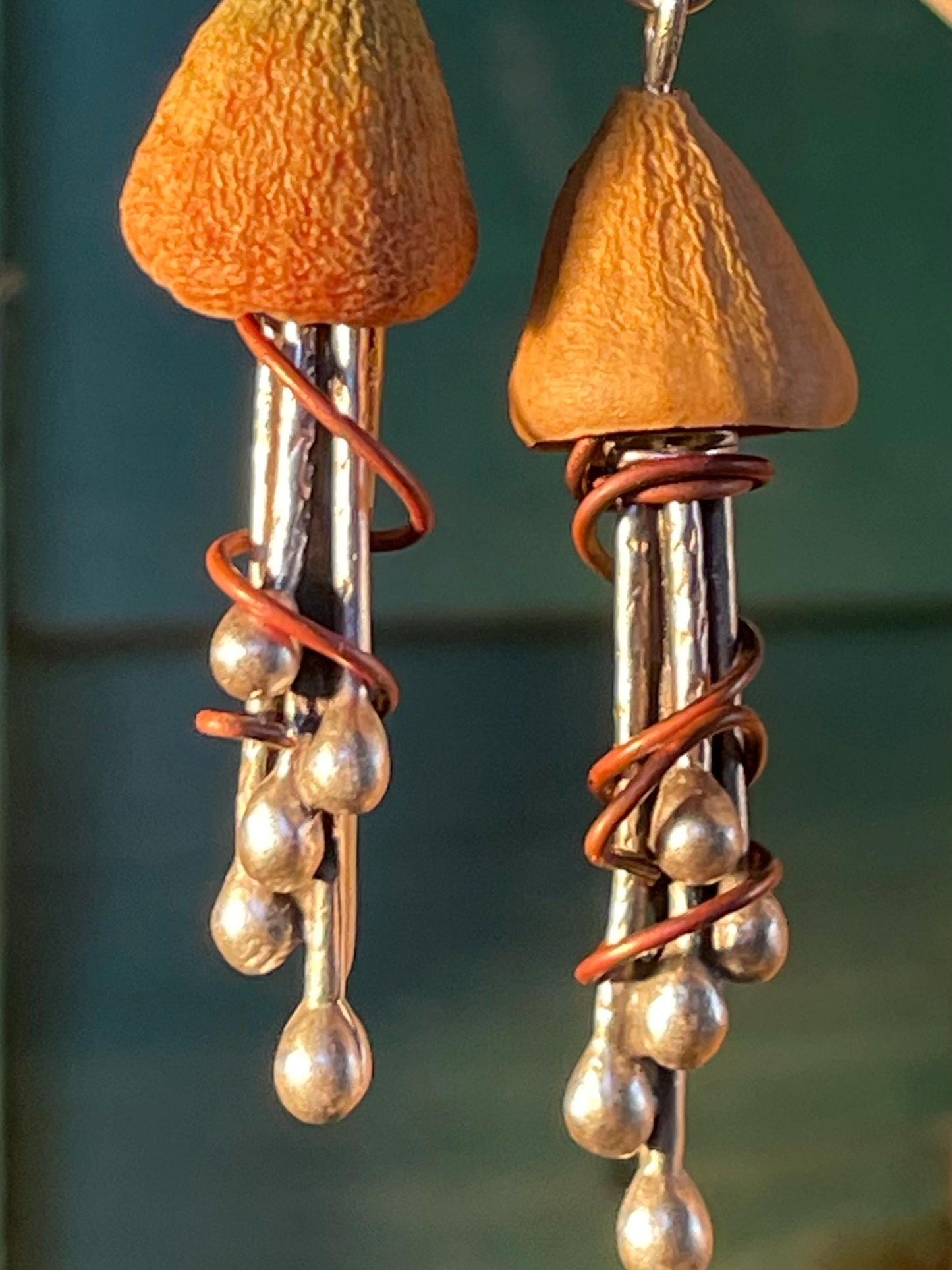 Jellyfish earrings made from recycled copper, brass & eucalyptus seeds. Jellyfish jewellery. Handmade earrings. Eco friendly jewellery