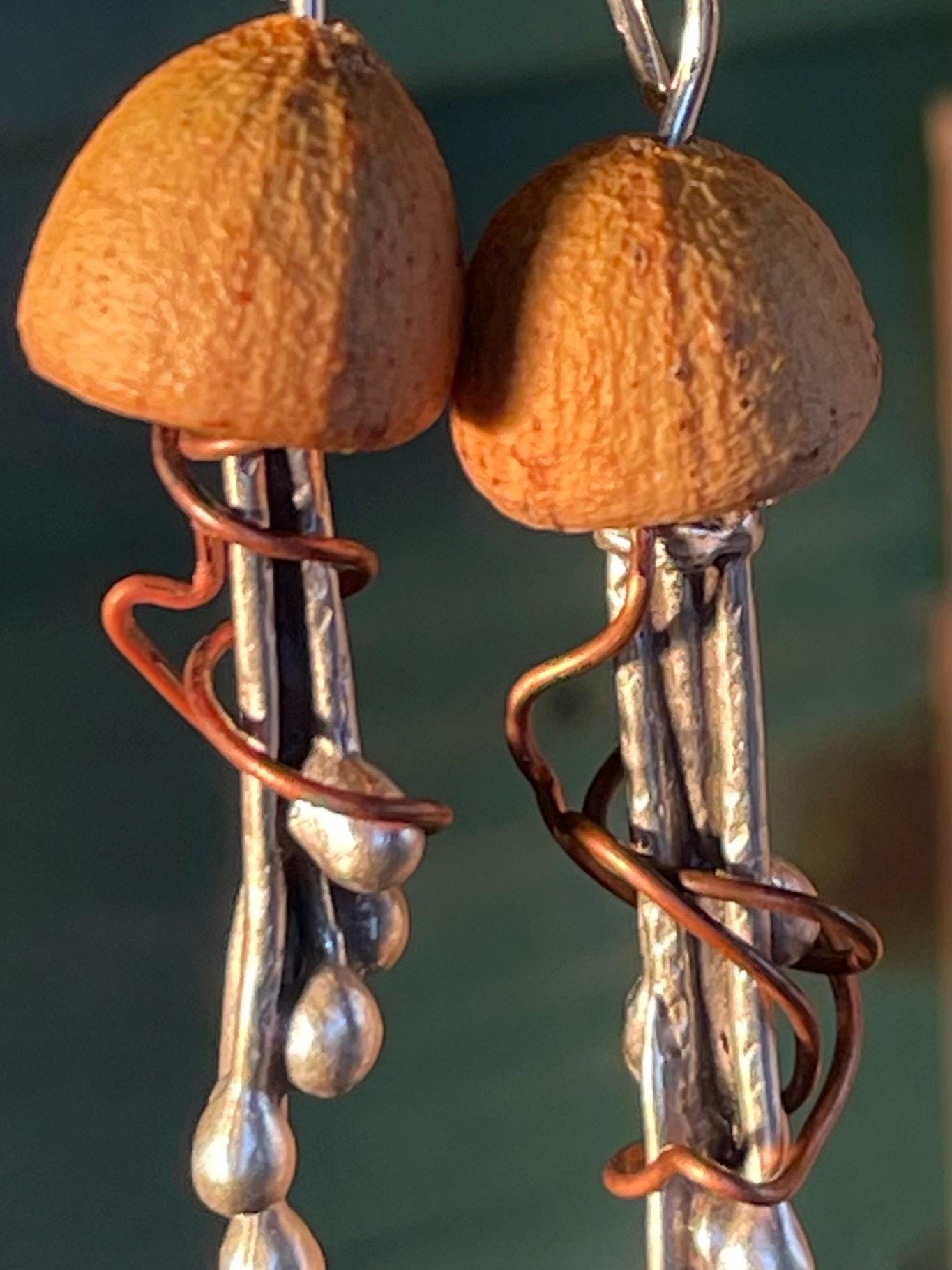Jellyfish earrings made from recycled copper, brass & eucalyptus seeds. Jellyfish jewellery. Handmade earrings. Eco friendly jewellery