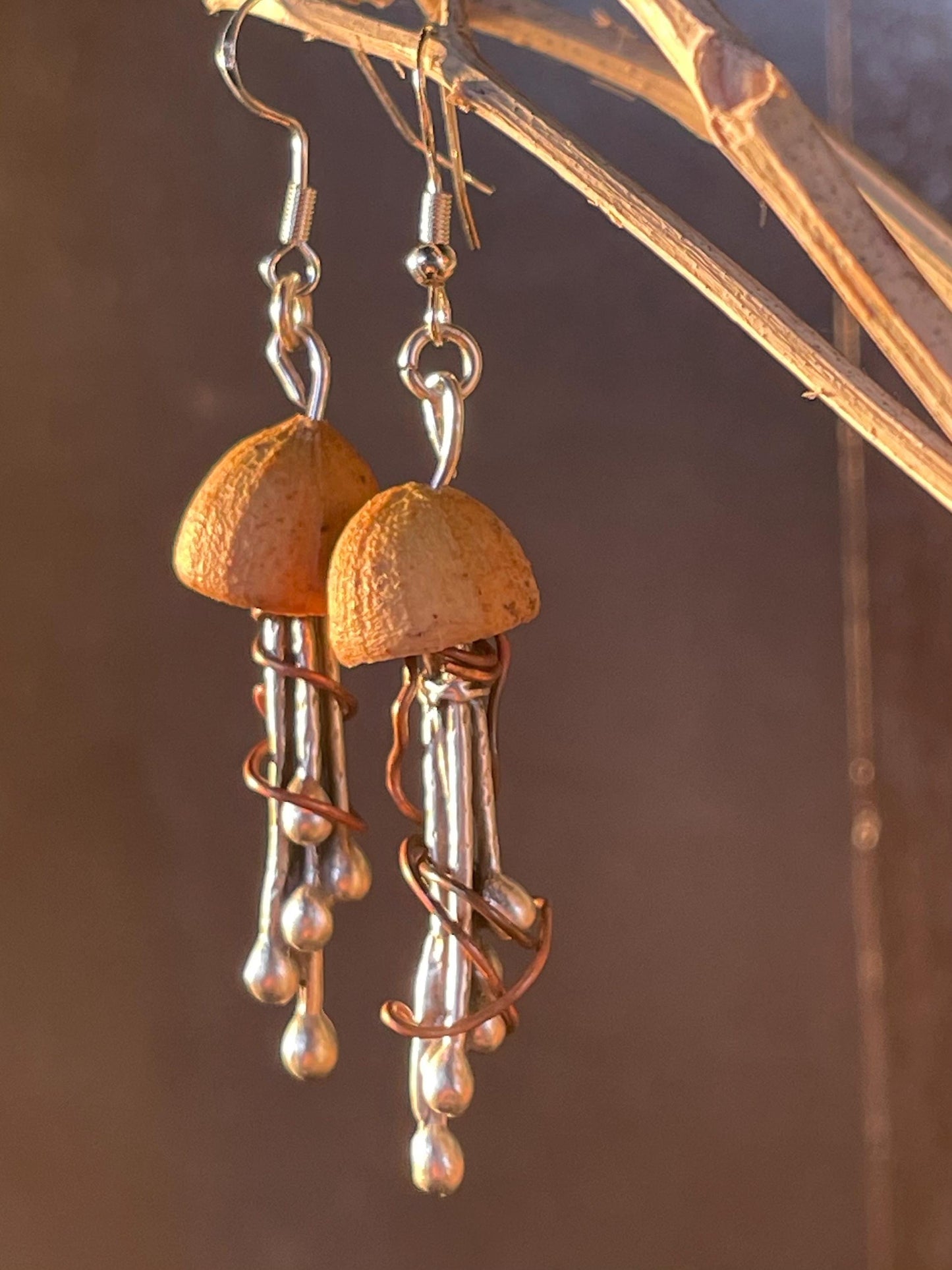 Jellyfish earrings made from recycled copper, brass & eucalyptus seeds. Jellyfish jewellery. Handmade earrings. Eco friendly jewellery