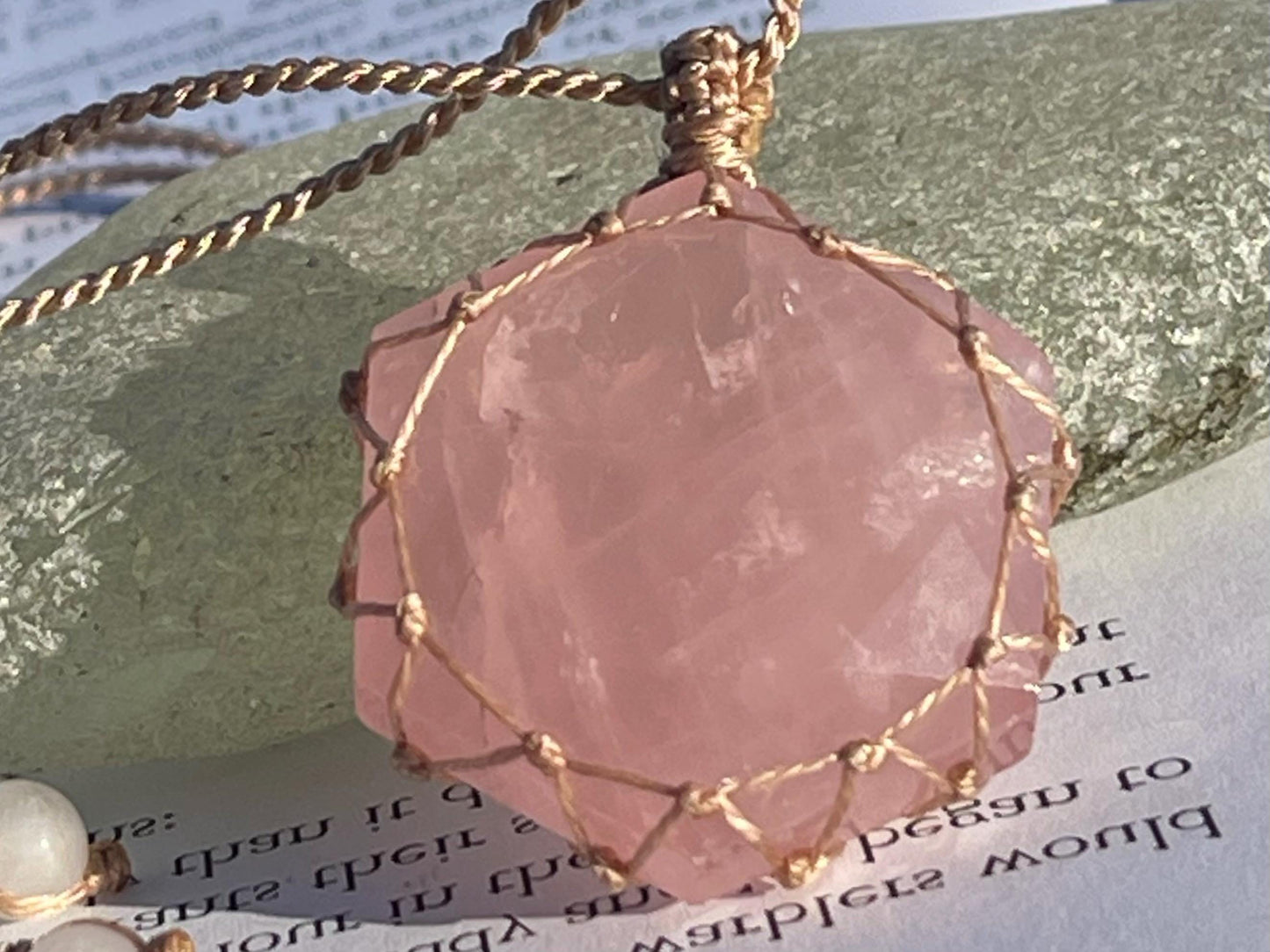 Stunning macrame rose quartz necklace on an adjustable cord. Handmade gemstone necklace, boho jewellery. Macrame jewellery. Unique necklace.