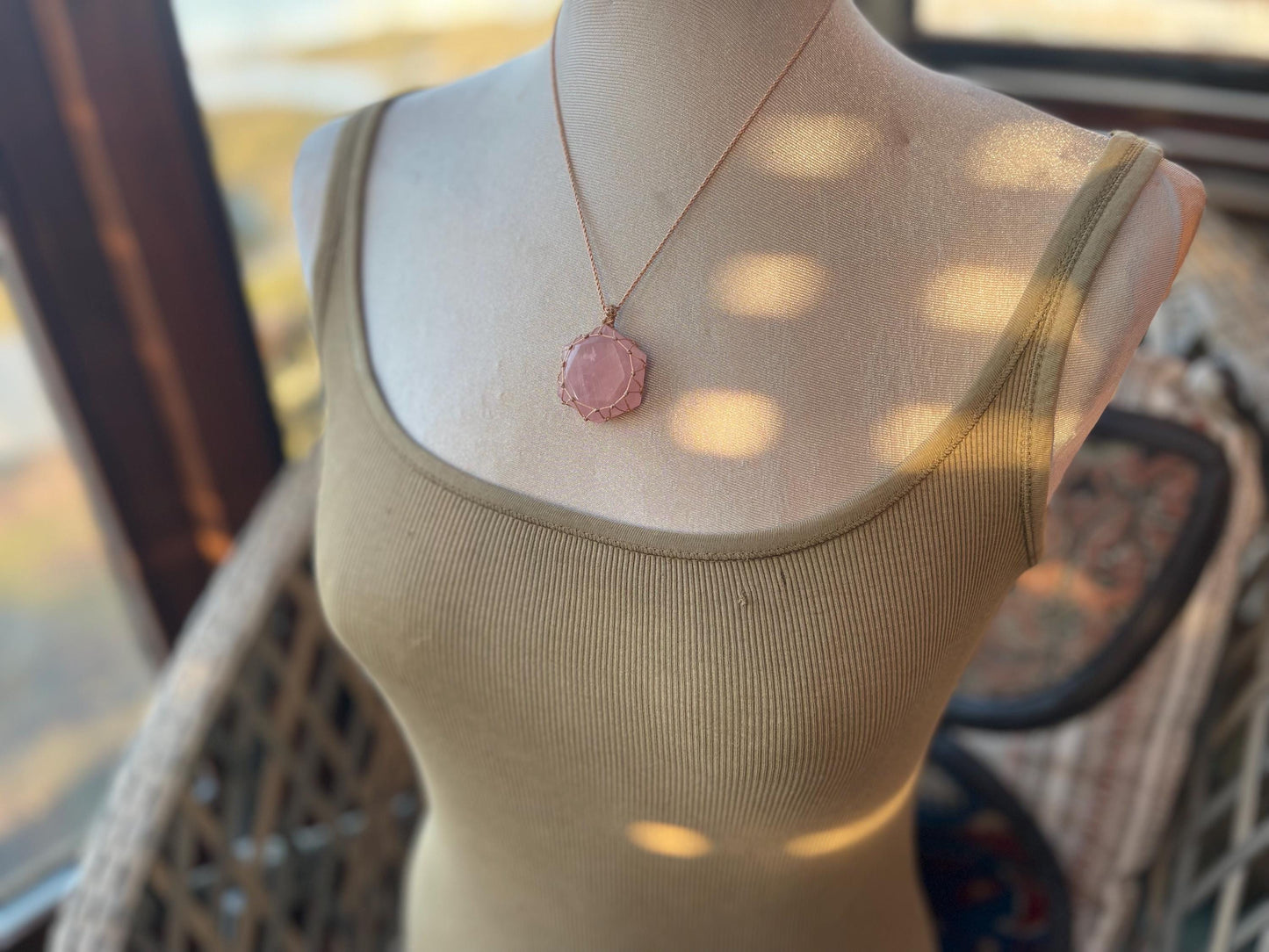 Stunning macrame rose quartz necklace on an adjustable cord. Handmade gemstone necklace, boho jewellery. Macrame jewellery. Unique necklace.
