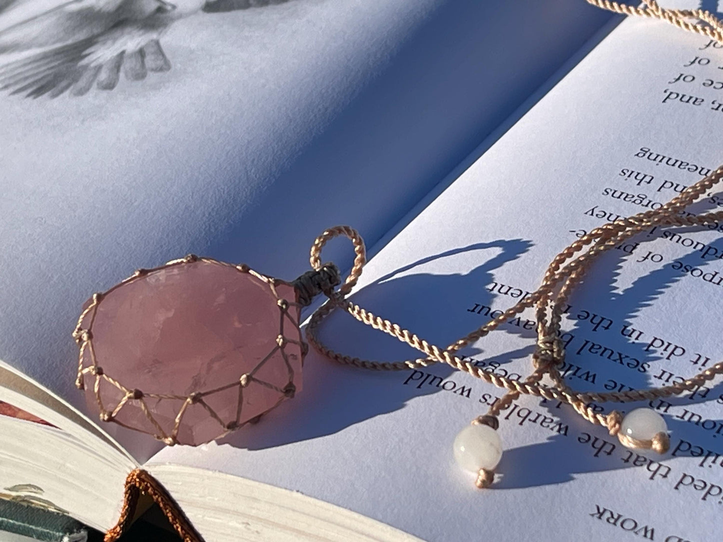 Stunning macrame rose quartz necklace on an adjustable cord. Handmade gemstone necklace, boho jewellery. Macrame jewellery. Unique necklace.