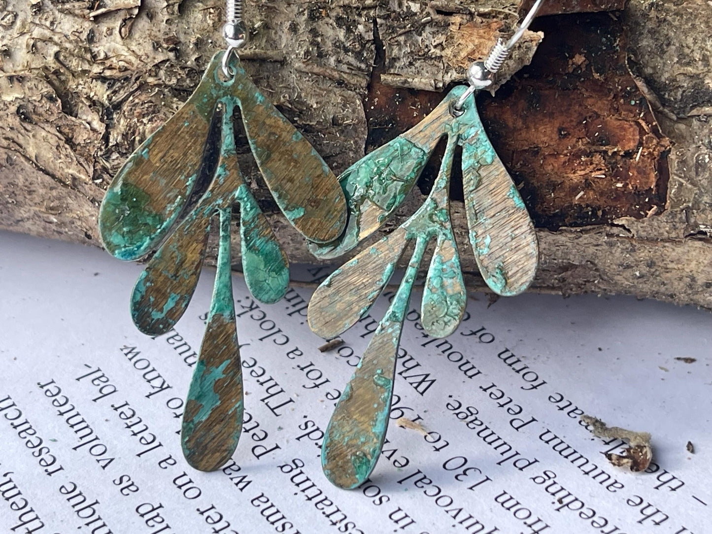 Handmade leaf earrings. Rustic earrings, unusual earrings, unusual gift for her, blue earrings, boho earrings, leaf jewellery, hippy gift