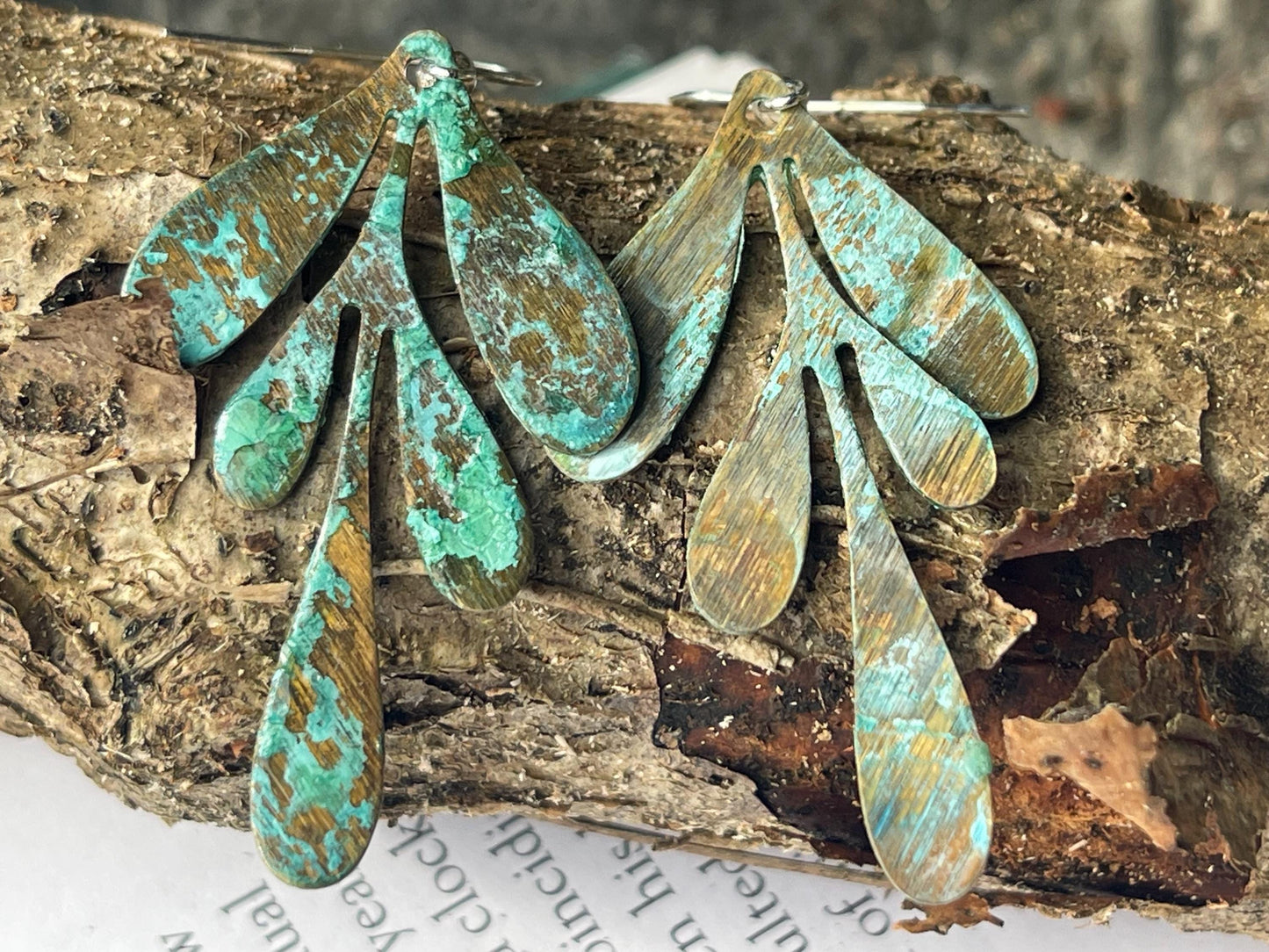 Handmade leaf earrings. Rustic earrings, unusual earrings, unusual gift for her, blue earrings, boho earrings, leaf jewellery, hippy gift