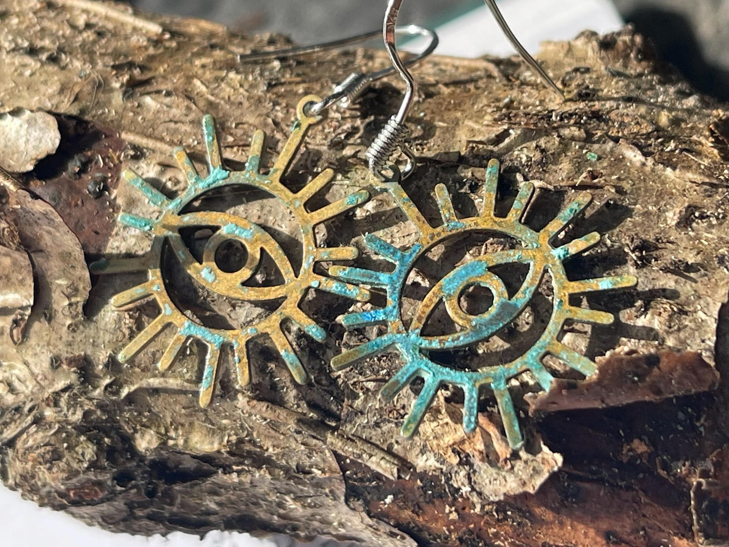 Inca eye earrings. Rustic earrings, unusual earrings, unusual gift for her, blue earrings, boho earrings, inca jewellery, hippy gift