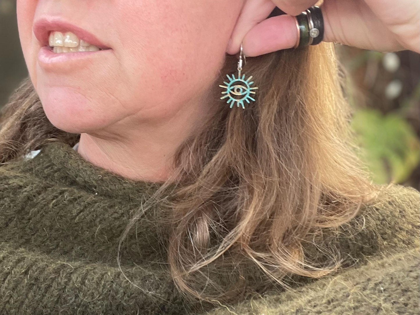 Inca eye earrings. Rustic earrings, unusual earrings, unusual gift for her, blue earrings, boho earrings, inca jewellery, hippy gift